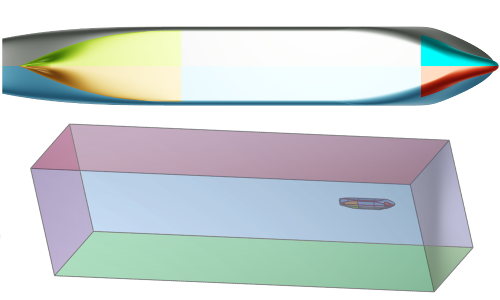 fine-marine Boundary conditions setup by assigning colors in CAESES, for HEXPRESS mesh generation with a colored STL as export format.